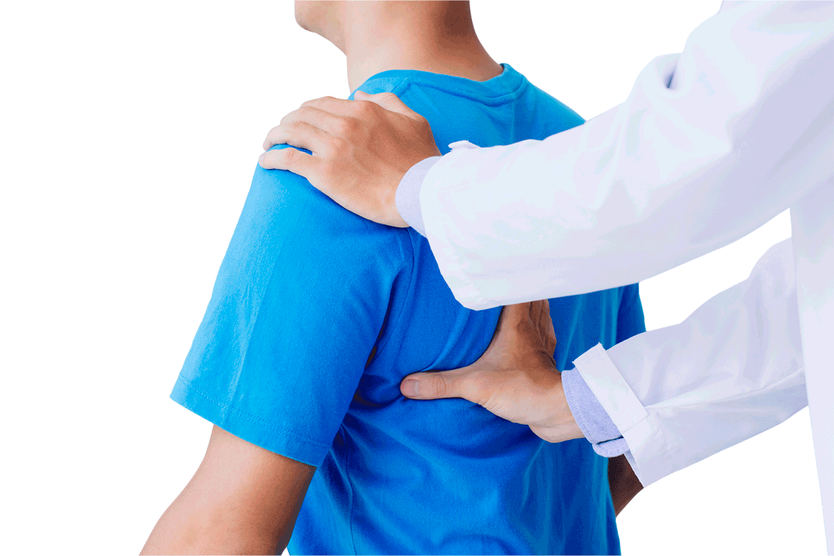 Top view of crop unrecognizable woman in casual wear showing chiropractor in eyeglasses and uniform pain spot on back while sitting on examination couch in hospital