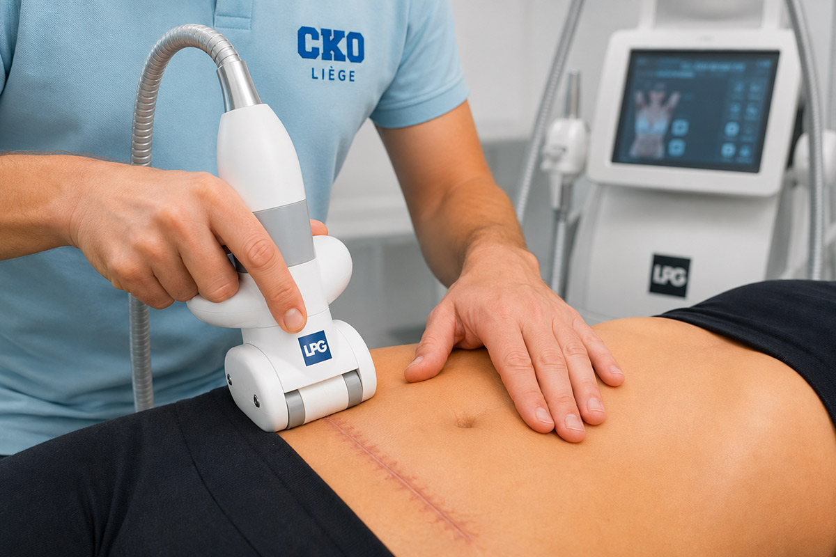 Top view of crop unrecognizable woman in casual wear showing chiropractor in eyeglasses and uniform pain spot on back while sitting on examination couch in hospital