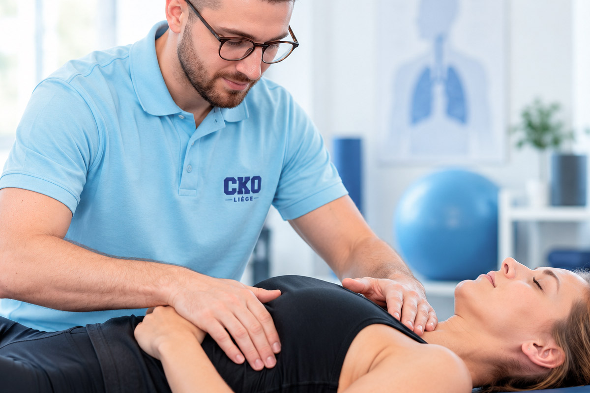 Top view of crop unrecognizable woman in casual wear showing chiropractor in eyeglasses and uniform pain spot on back while sitting on examination couch in hospital