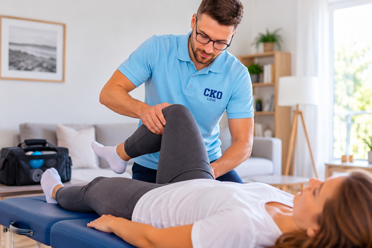 Top view of crop unrecognizable woman in casual wear showing chiropractor in eyeglasses and uniform pain spot on back while sitting on examination couch in hospital