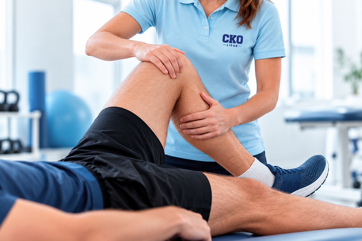 Top view of crop unrecognizable woman in casual wear showing chiropractor in eyeglasses and uniform pain spot on back while sitting on examination couch in hospital