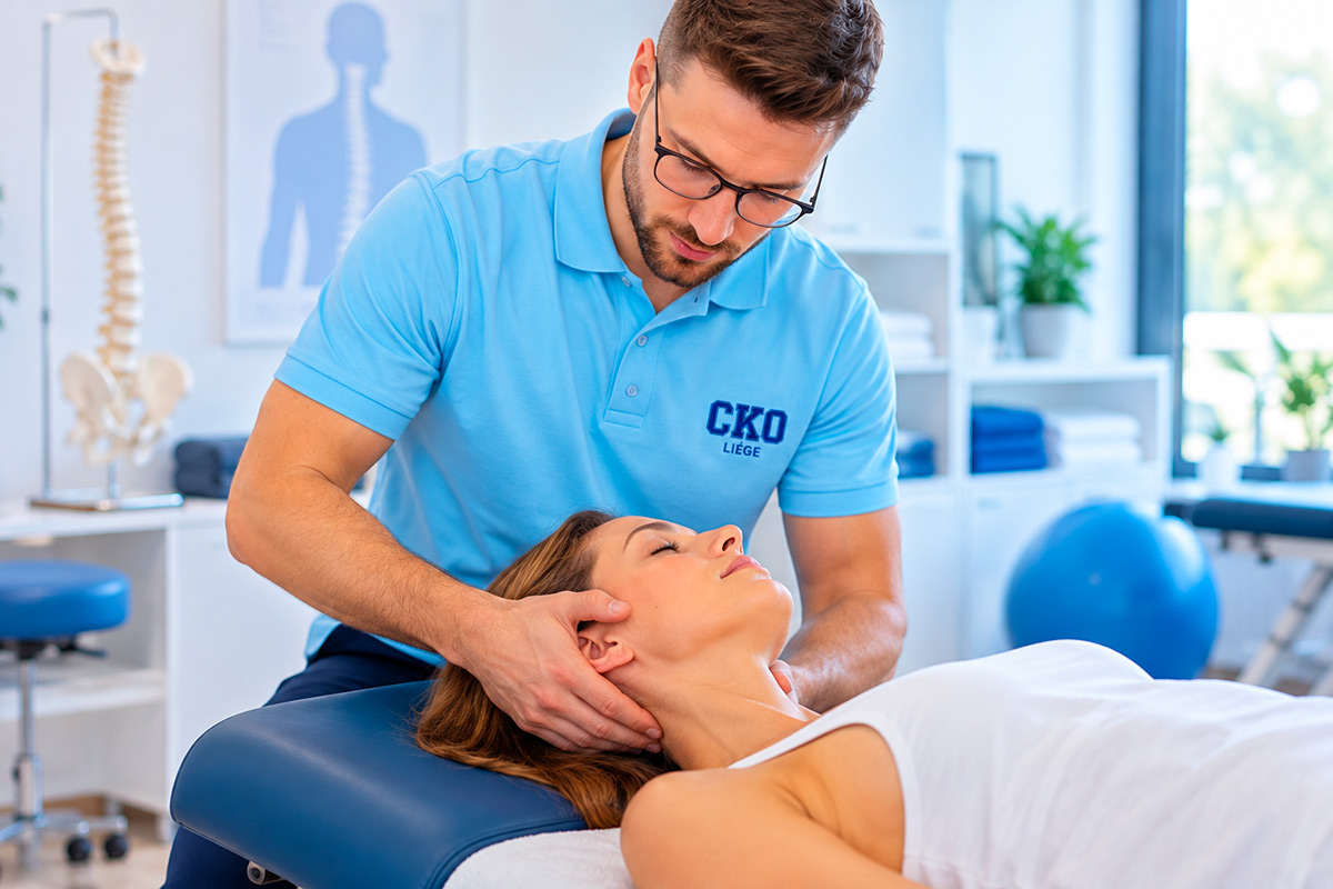 Top view of crop unrecognizable woman in casual wear showing chiropractor in eyeglasses and uniform pain spot on back while sitting on examination couch in hospital